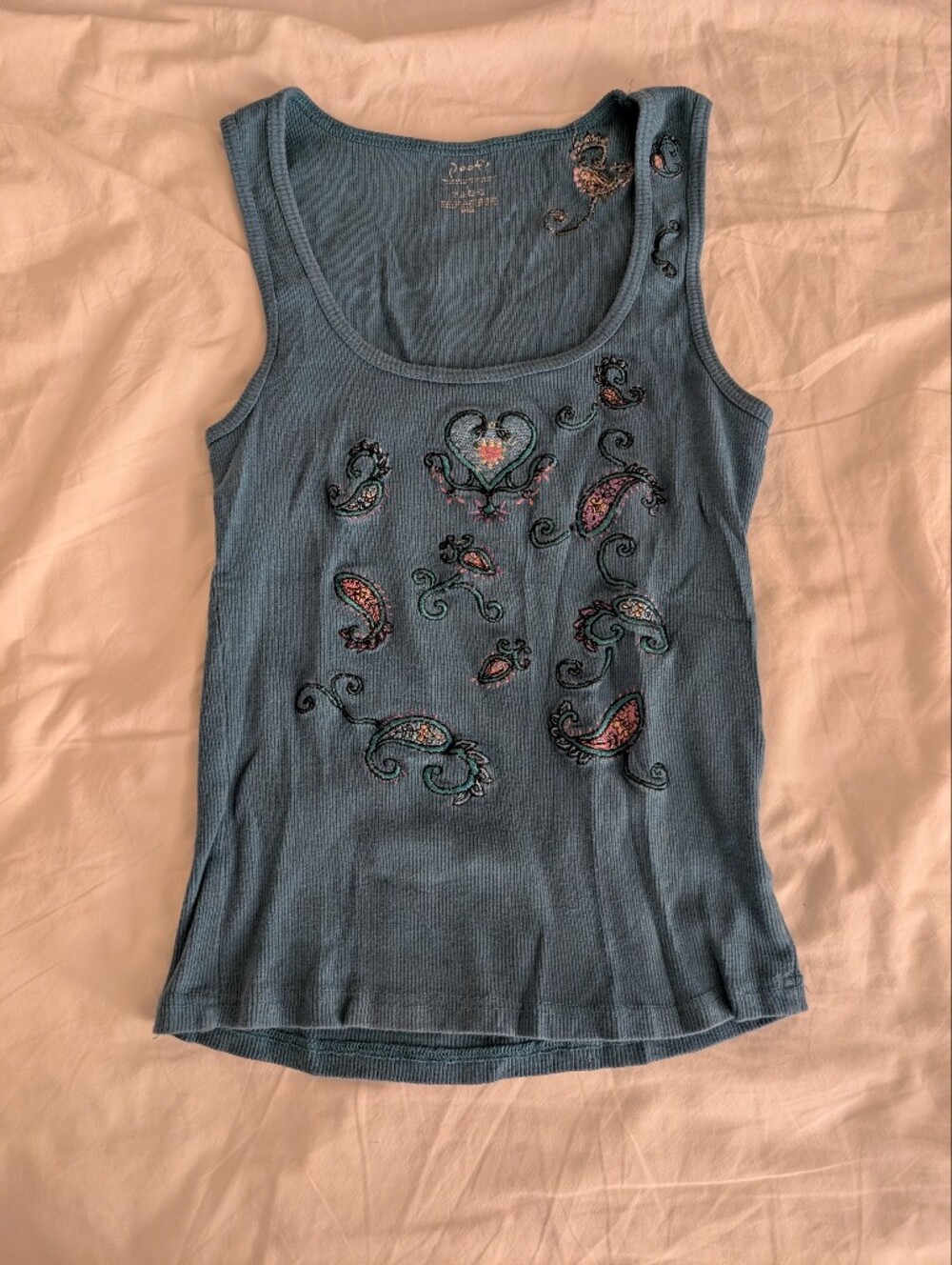 Poof! Paisley Embroidery Teal Ribbed Tank